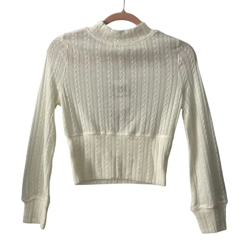 NWT B.O G. Cropped Crew Neck Balloon Sleeves Cable Stitch Ivory Sweater-Small - Picture 3 of 10